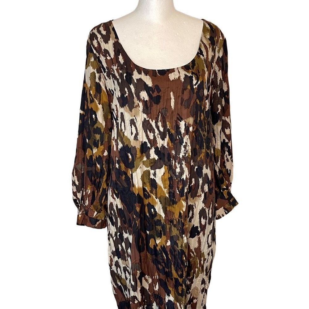 East Womens Animal Print Dress Long Sleeve‎ Scoopneck Brown Size Large